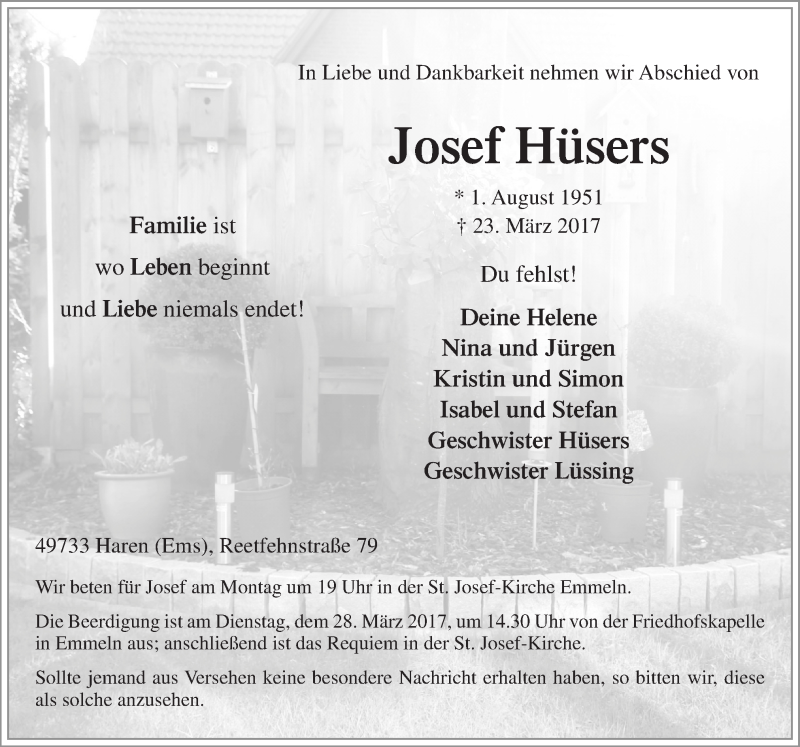  Traueranzeige für Josef Hüsers vom 25.03.2017 aus Neue Osnabrücker Zeitung GmbH & Co. KG