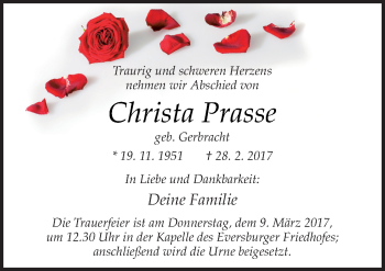 Traueranzeige von Christa Prasse von Neue Osnabrücker Zeitung GmbH & Co. KG