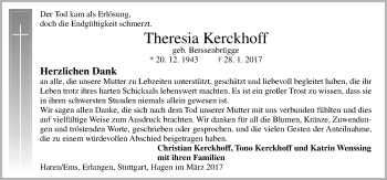 Traueranzeige von Theresia Kerckhoff von Neue Osnabrücker Zeitung GmbH & Co. KG
