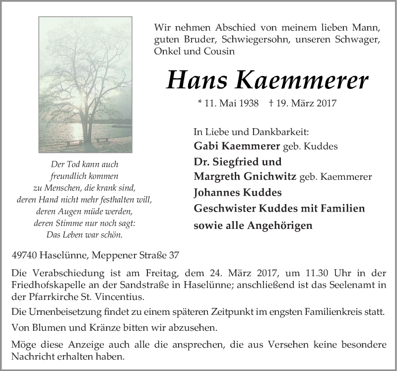  Traueranzeige für Hans Kaemmerer vom 22.03.2017 aus Neue Osnabrücker Zeitung GmbH & Co. KG