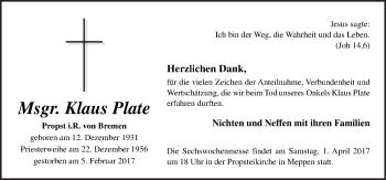 Traueranzeige von Klaus Plate von Neue Osnabrücker Zeitung GmbH & Co. KG