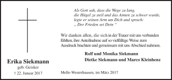 Traueranzeige von Erika Siekmann von Neue Osnabrücker Zeitung GmbH & Co. KG