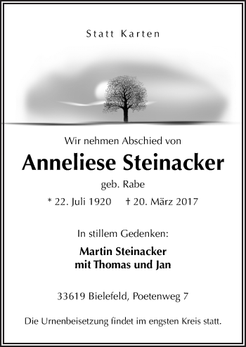 Traueranzeige von Anneliese Steinacker von Neue Osnabrücker Zeitung GmbH & Co. KG