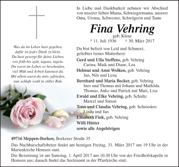 Traueranzeige von Fina Vehring von Neue Osnabrücker Zeitung GmbH & Co. KG