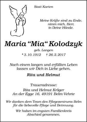 Traueranzeige von Maria  Kolodzyk von Neue Osnabrücker Zeitung GmbH & Co. KG