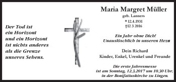Traueranzeige von Maria Margret Müller von Neue Osnabrücker Zeitung GmbH & Co. KG