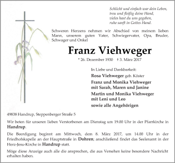 Traueranzeige von Franz Viehweger von Neue Osnabrücker Zeitung GmbH & Co. KG