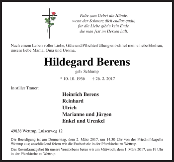 Traueranzeige von Hildegard Berens von Neue Osnabrücker Zeitung GmbH & Co. KG