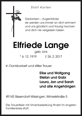 Traueranzeige von Elfriede Lange von Neue Osnabrücker Zeitung GmbH & Co. KG