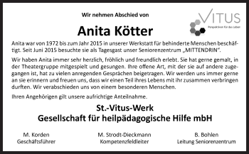Traueranzeige von Anita Kötter von Neue Osnabrücker Zeitung GmbH & Co. KG