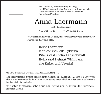 Traueranzeige von Anna Laermann von Neue Osnabrücker Zeitung GmbH & Co. KG