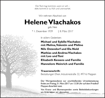 Traueranzeige von Helene Vlachakos von Neue Osnabrücker Zeitung GmbH & Co. KG