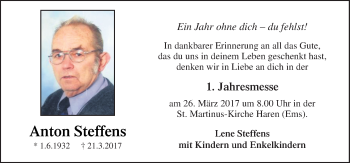 Traueranzeige von Anton Steffens von Neue Osnabrücker Zeitung GmbH & Co. KG