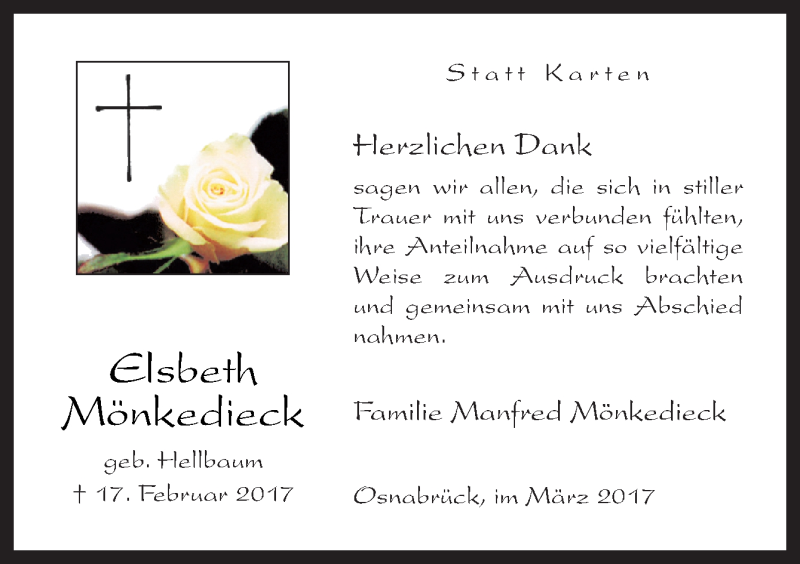  Traueranzeige für Elsbeth Mönkedieck vom 25.03.2017 aus Neue Osnabrücker Zeitung GmbH & Co. KG