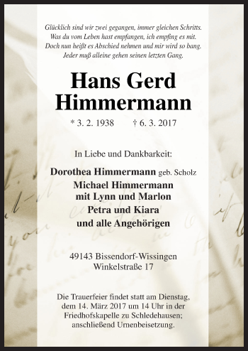 Traueranzeige von Hans Gerd Himmermann von Neue Osnabrücker Zeitung GmbH & Co. KG