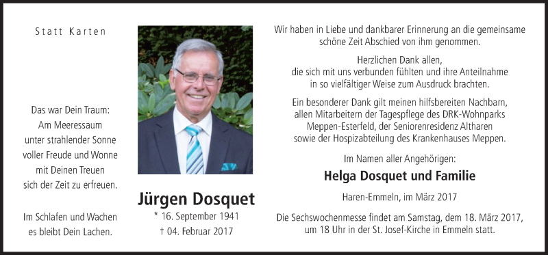  Traueranzeige für Jürgen Dosquet vom 14.03.2017 aus Neue Osnabrücker Zeitung GmbH & Co. KG