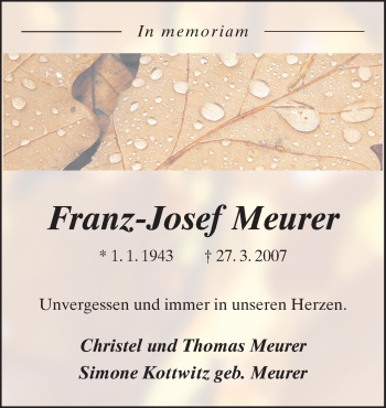 Traueranzeige von Franz-Josef Meurer von Neue Osnabrücker Zeitung GmbH & Co. KG