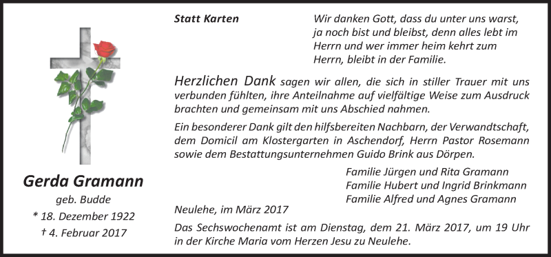  Traueranzeige für Gerda Gramann vom 18.03.2017 aus Neue Osnabrücker Zeitung GmbH & Co. KG