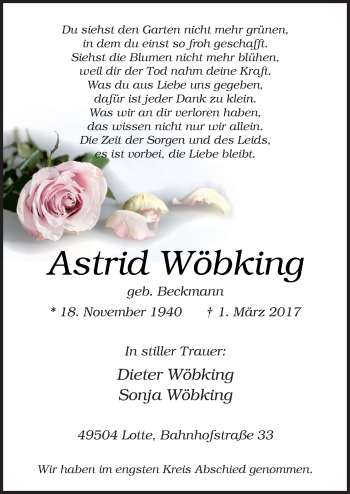 Traueranzeige von Astrid Wöbking von Neue Osnabrücker Zeitung GmbH & Co. KG