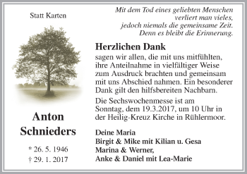 Traueranzeige von Anton Schnieders von Neue Osnabrücker Zeitung GmbH & Co. KG