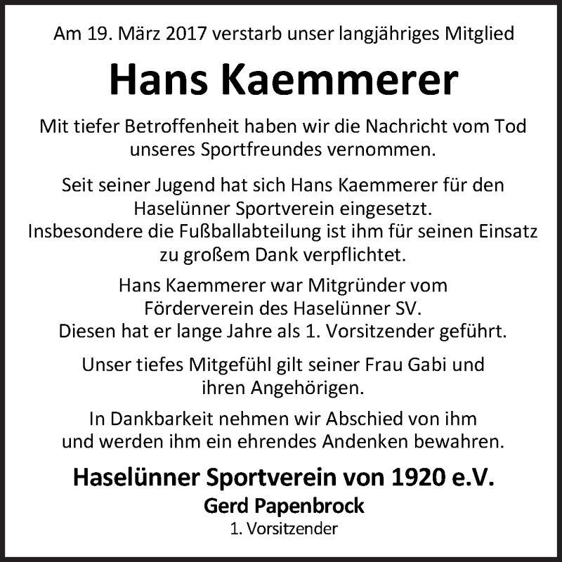  Traueranzeige für Hans Kaemmerer vom 25.03.2017 aus Neue Osnabrücker Zeitung GmbH & Co. KG