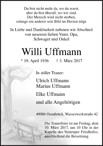 Traueranzeige von Willi Uffmann von Neue Osnabrücker Zeitung GmbH & Co. KG