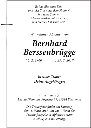 Traueranzeige von Bernhard Berssenbrügge von Neue Osnabrücker Zeitung GmbH & Co. KG