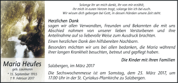 Traueranzeige von Maria Heufes von Neue Osnabrücker Zeitung GmbH & Co. KG