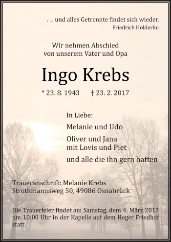 Traueranzeige von Ingo Krebs von Neue Osnabrücker Zeitung GmbH & Co. KG