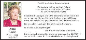 Traueranzeige von Anni Backs von Neue Osnabrücker Zeitung GmbH & Co. KG