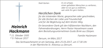 Traueranzeige von Heinrich Hackmann von Neue Osnabrücker Zeitung GmbH & Co. KG