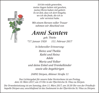 Traueranzeige von Anni Santen von Neue Osnabrücker Zeitung GmbH & Co. KG