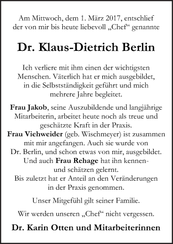 Traueranzeige von Klaus-Dietrich Berlin von Neue Osnabrücker Zeitung GmbH & Co. KG