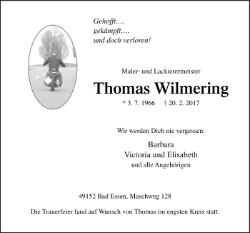 Traueranzeige von Thomas Wilmering von Neue Osnabrücker Zeitung GmbH & Co. KG