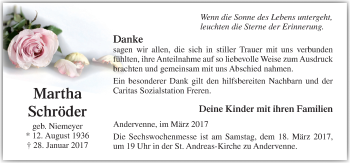 Traueranzeige von Martha Schröder von Neue Osnabrücker Zeitung GmbH & Co. KG