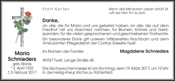 Traueranzeige von Maria Schnieders von Neue Osnabrücker Zeitung GmbH & Co. KG