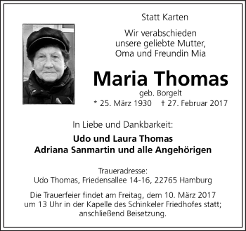 Traueranzeige von Maria Thomas von Neue Osnabrücker Zeitung GmbH & Co. KG