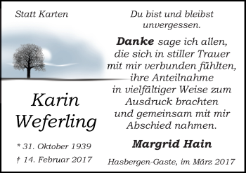 Traueranzeige von Karin Weferling von Neue Osnabrücker Zeitung GmbH & Co. KG