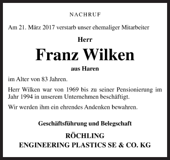 Traueranzeige von Franz Wilken von Neue Osnabrücker Zeitung GmbH & Co. KG