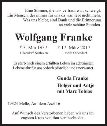 Traueranzeige von Wolfgang Franke von Neue Osnabrücker Zeitung GmbH & Co. KG