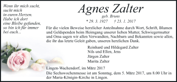Traueranzeige von Agnes Zalter von Neue Osnabrücker Zeitung GmbH & Co. KG