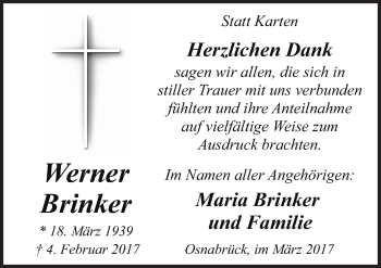 Traueranzeige von Werner Brinker von Neue Osnabrücker Zeitung GmbH & Co. KG