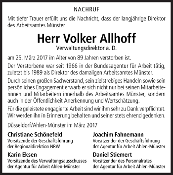 Traueranzeige von Volker Allhoff von Neue Osnabrücker Zeitung GmbH & Co. KG