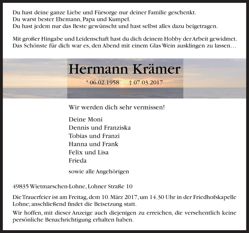  Traueranzeige für Hermann Krämer vom 09.03.2017 aus Neue Osnabrücker Zeitung GmbH & Co. KG