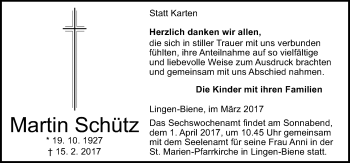 Traueranzeige von Martin Schütz von Neue Osnabrücker Zeitung GmbH & Co. KG