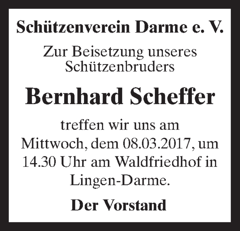  Traueranzeige für Bernhard Scheffer vom 07.03.2017 aus Neue Osnabrücker Zeitung GmbH & Co. KG