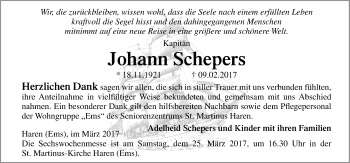 Traueranzeige von Johann Schepers von Neue Osnabrücker Zeitung GmbH & Co. KG