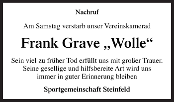 Traueranzeige von Frank Grave von Neue Osnabrücker Zeitung GmbH & Co. KG