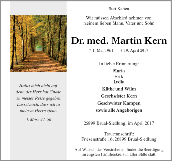 Traueranzeige von Martin Kern von Neue Osnabrücker Zeitung GmbH & Co. KG