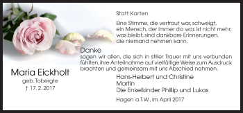 Traueranzeige von Maria Eickholt von Neue Osnabrücker Zeitung GmbH & Co. KG